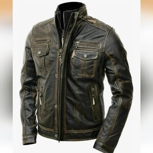 Men's Cafe Racer, vintage Genuin Leather distressed brown jacket.